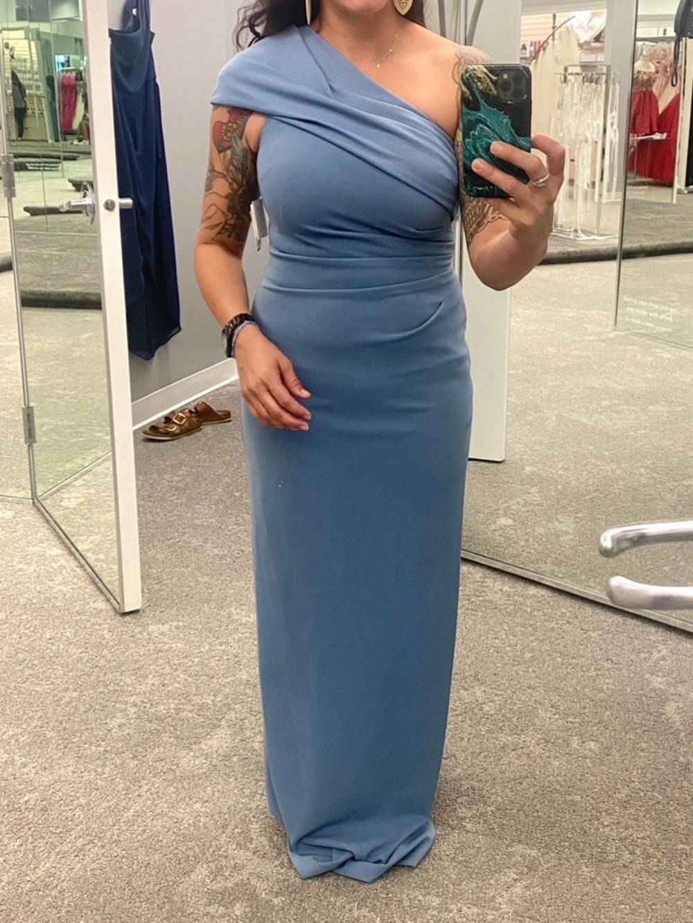 One-Shoulder David’s Bridal Dusty Blue Evening Gown